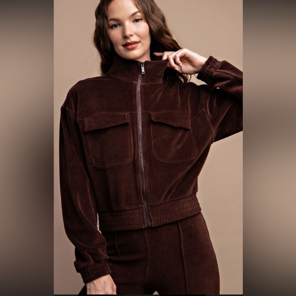 New Rae Mode Corduroy Mock Neck Full Zip Jacket w/ Chest Pockets in Brown Sz XL